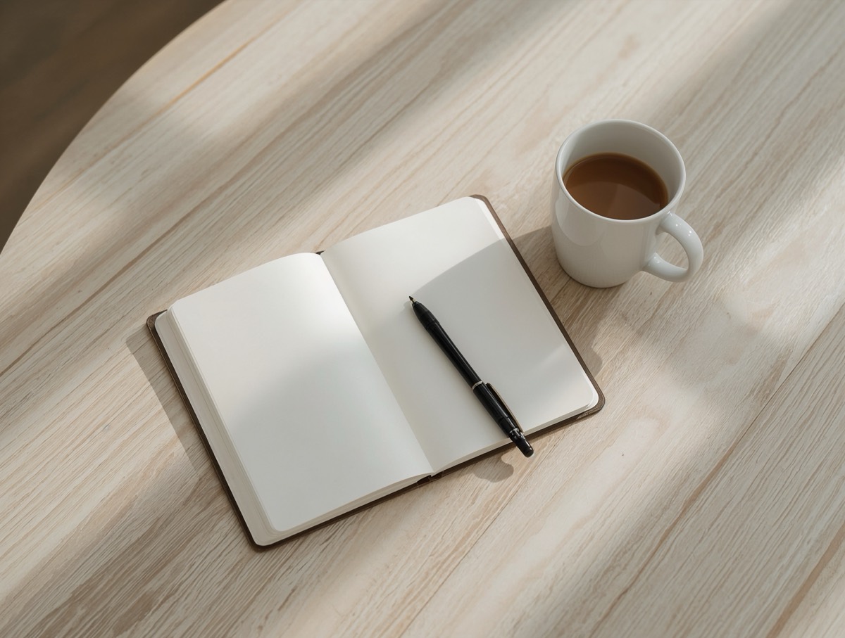 Offenes Notizbuch mit Stift und Kaffee