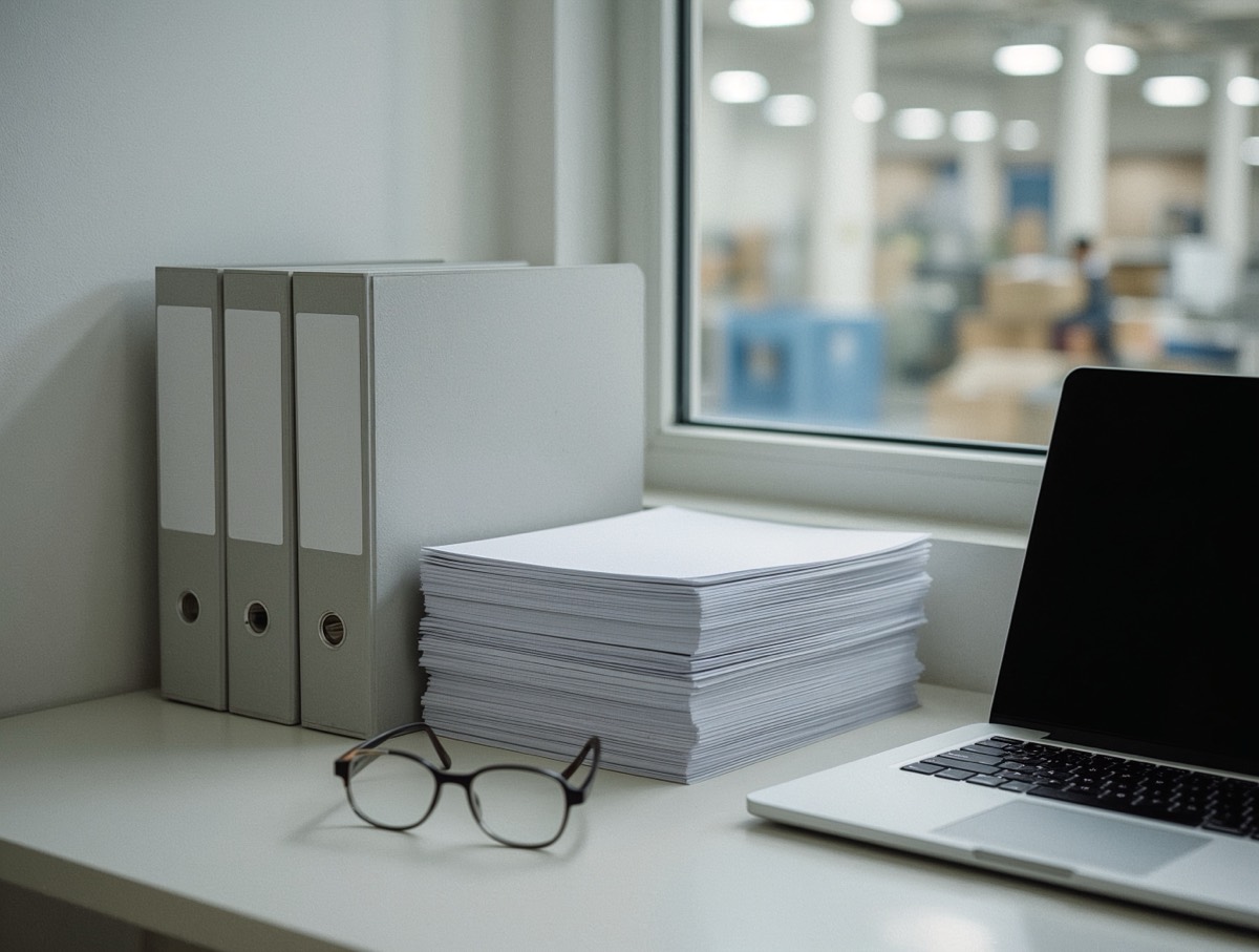 Ordner und Papierstapel im Büro eines Produktionsbetriebs